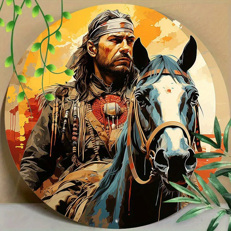 

Round Aluminum Sign with Reusable Horse & Rider Illustration, Pre-Drilled Metal Wall Art for Home, Office, Living Room