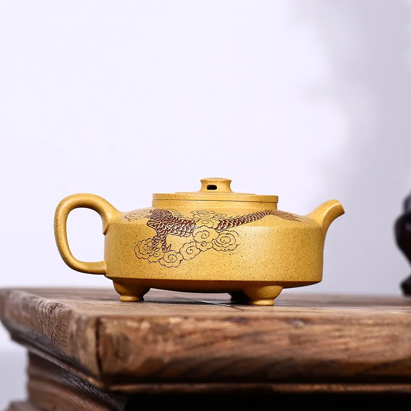 Drop-Shipping Handmade Yixing Pure Purple Clay Teapot Engraved Design High-End Tea Set With Auspicious Dragon Design