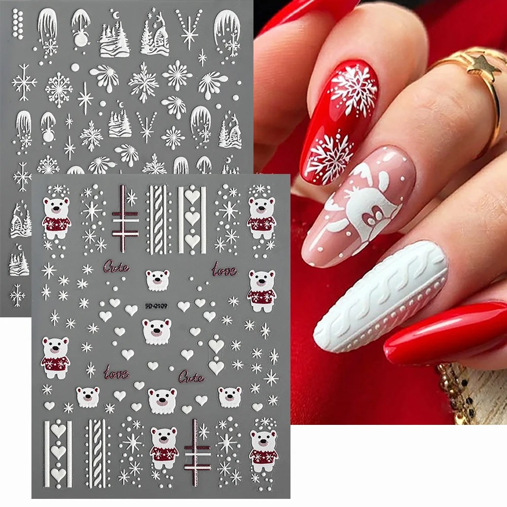 ﻿ สติ๊กเกอร์ติดเล็บลายหมีขาว 5D ลายเกล็ดหิมะ 2 ชิ้น ลายนูนรูปหัวใจ สีขาว ลายหมีน่ารัก สำหรับตกแต่งเล็บ DIY ลายฤดูหนาว