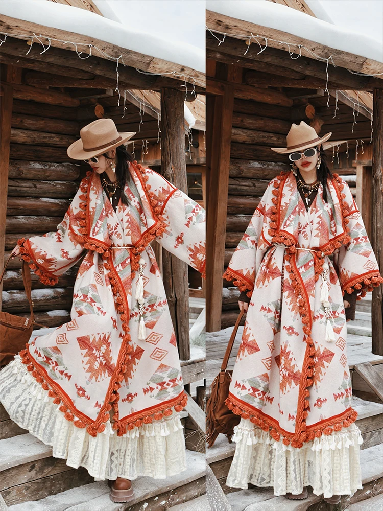 

TIYIHAILEY Winter Women Outerwear Loose Coats Long Faux Wool Jacket Warm Trench Thick Cardigans Tassels Long Flare Sleeve