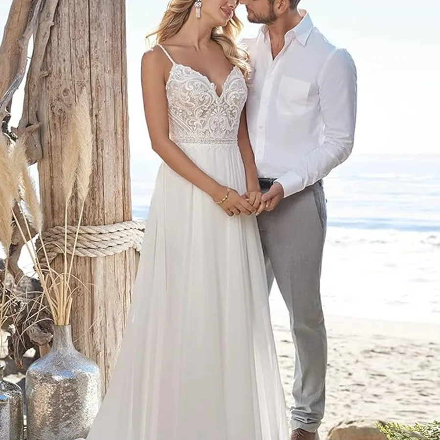 Vestido de novia 2026 nuevo vestido de novia de encaje sin espalda grande con cuello en V profundo Simple nupcial