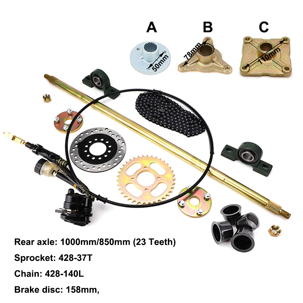 

850mm 1000mm Rear Axle Assy with Hydraulic Brake 428-37T Sprocket 140L Chain for DIY Electric Go Kart Buggy UTV ATV Accessories