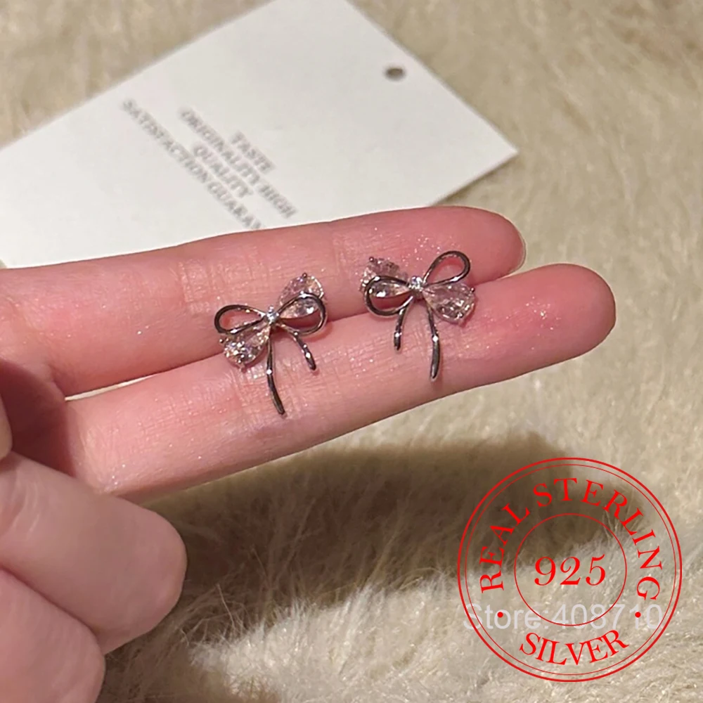 

Ювелирные изделия из стерлингового серебра 925, розовые серьги-гвоздики с кристаллами циркона и бантом для женщин, ювелирные изделия для свадебной вечеринки для девочек, подарок другу