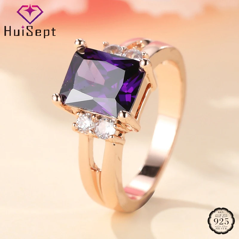 

HuiSept Fashion 925 Silver Jewelry Ring for Women Amethyst Zircon Gemstone Ornaments Finger Rings Wedding Party Engagement Gifts