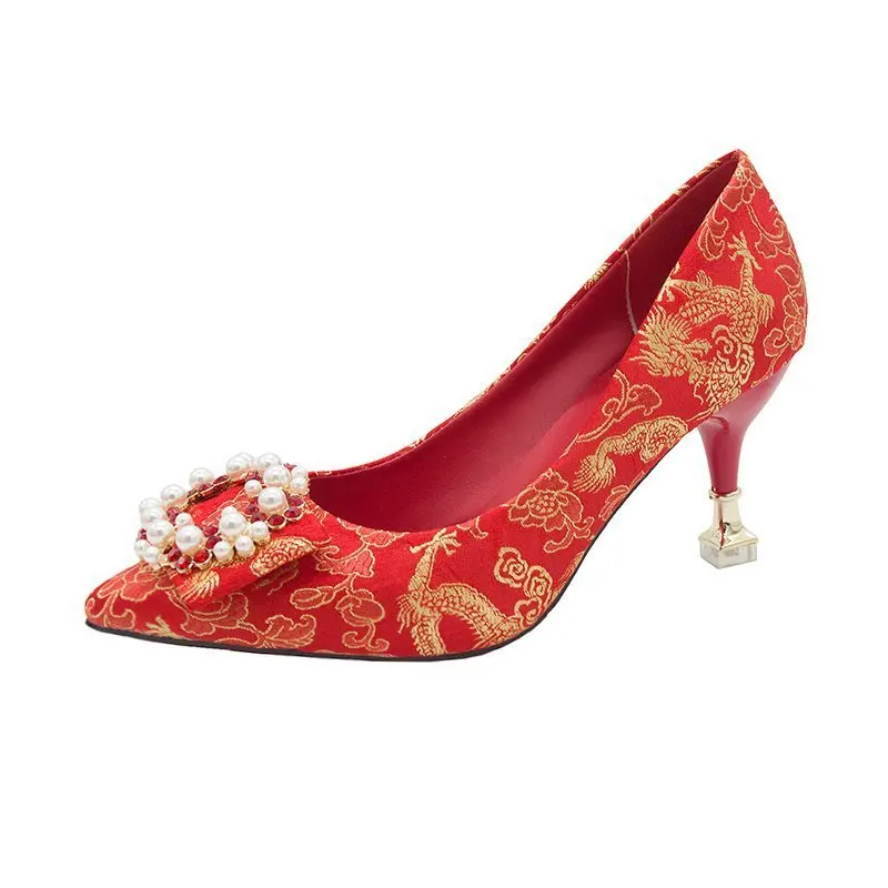 туфли женские Chinese High Heel Women 2023 Spring Red High Heel Wedding Shoe Qipao Xiuhe Shoe Embroidered Bridal Shoe Women Shoe