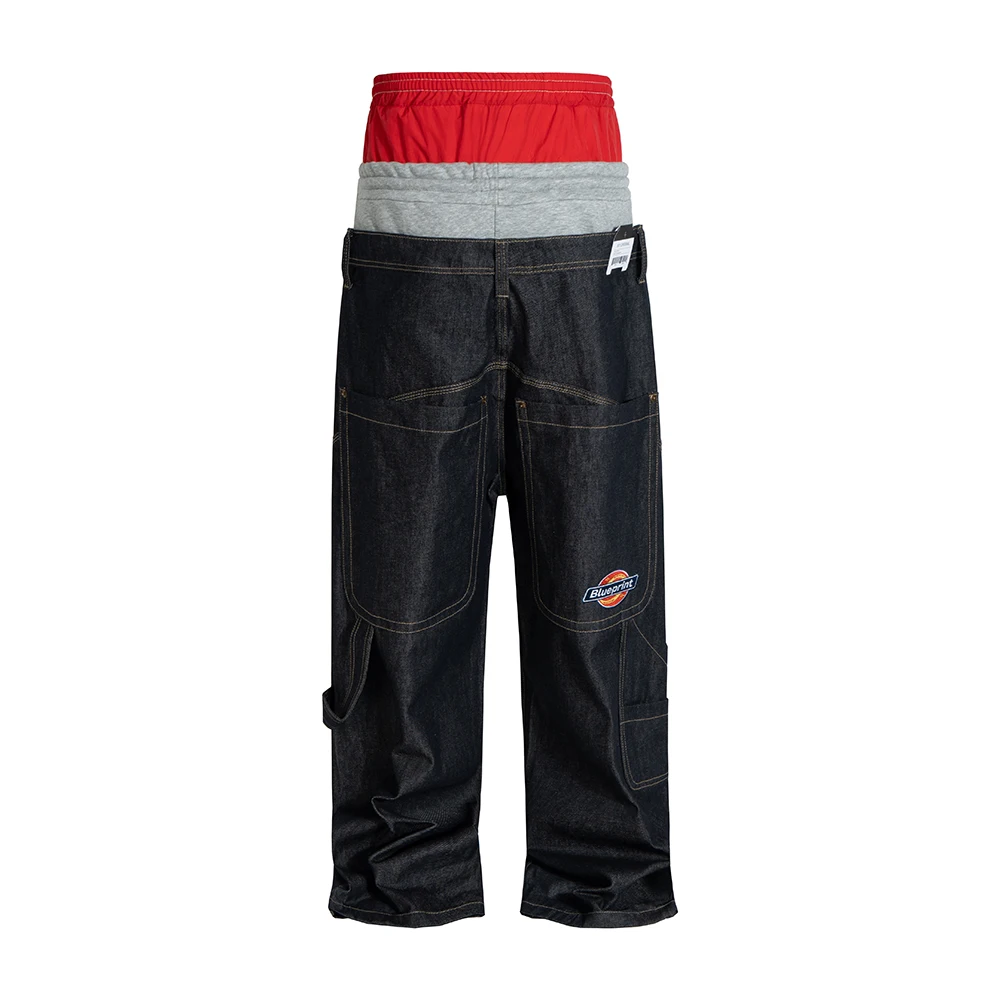 Streetwear Multi-material Color-blocking patchwork Original Denim Three Waist Pants Patchwork Straight Baggy Jeans Trousers