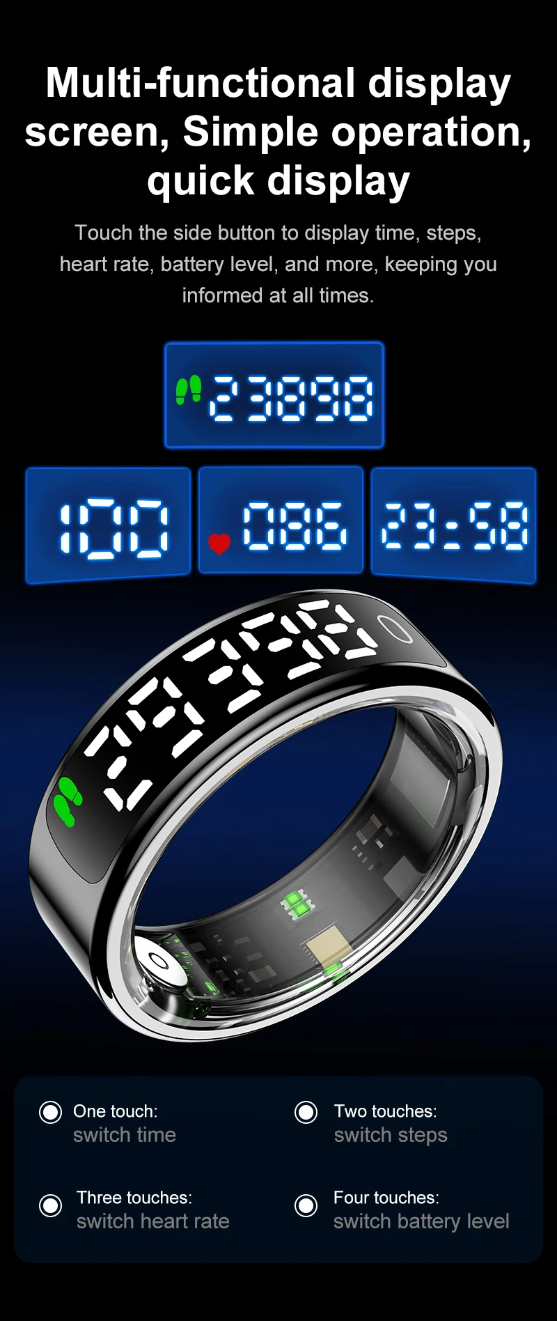 Nuovo Smart Ring Frequenza cardiaca Pressione sanguigna Display a LED Schermo Monitoraggio del sonno 5ATM Modalità multi sport impermeabile Regali per Andorid