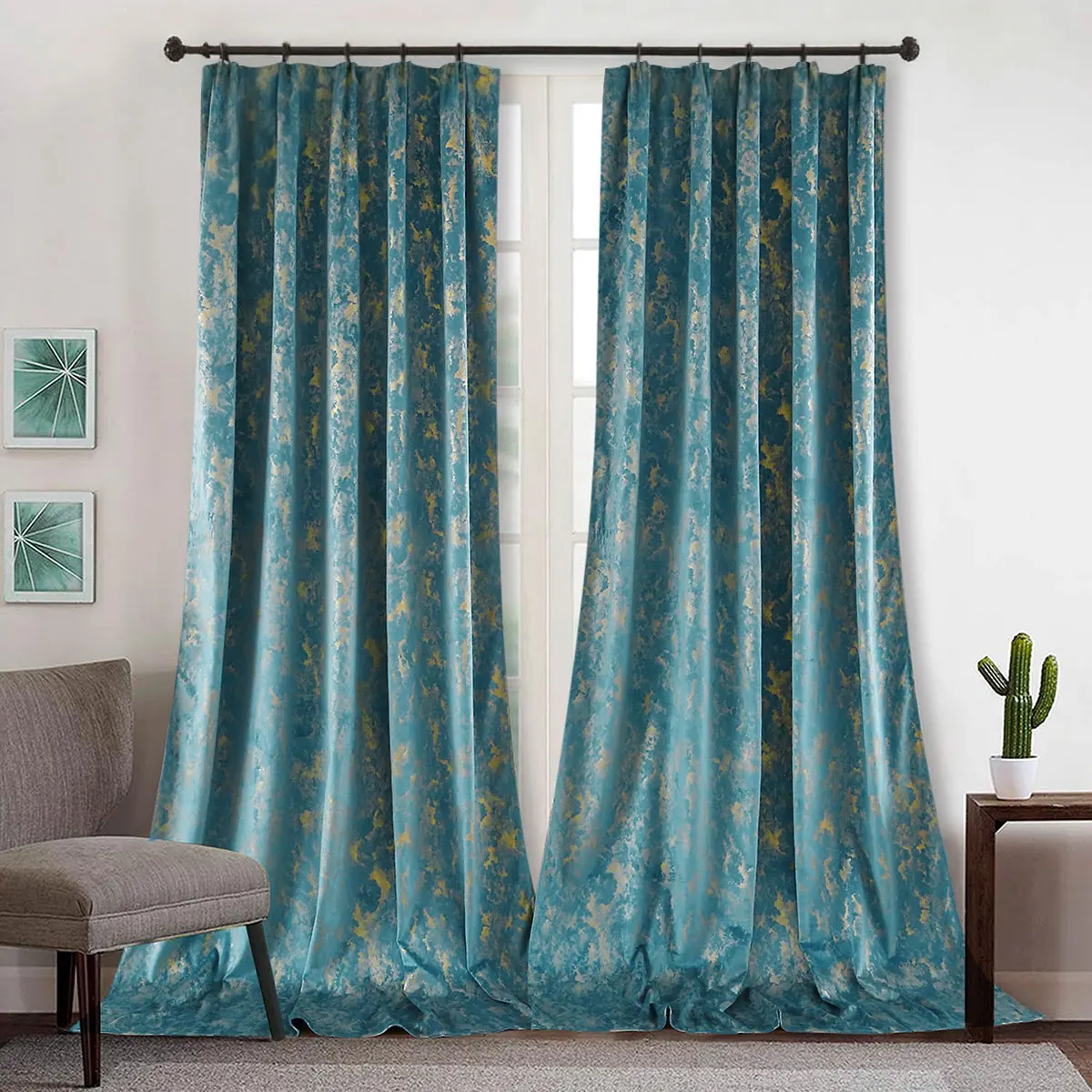 2 Panels Luxury Gold Foil Velvet Blackout Curtains, Vintage Teal Gold Texture Window Drapes for Living Room Bedroom Bay Window
