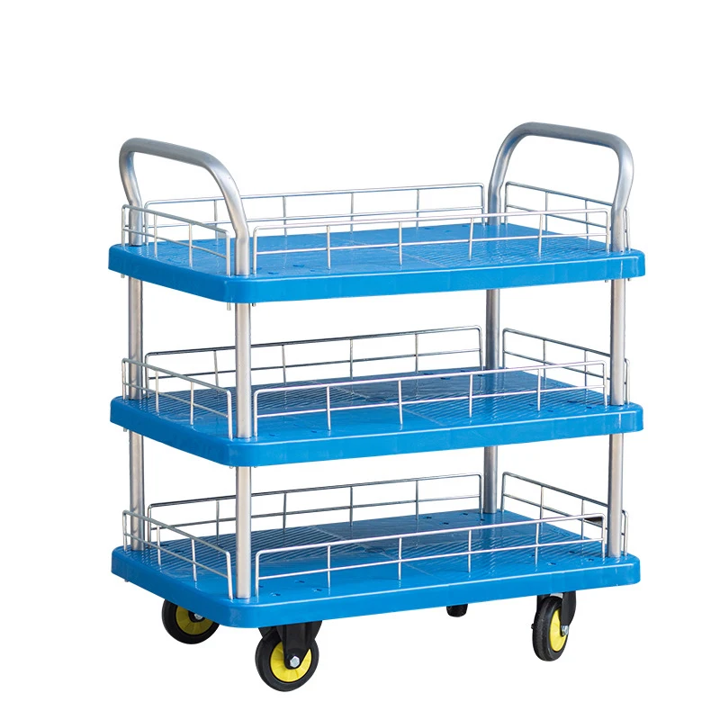 Three layer handcart logistics turnover cart handcart flatbed cart with guardrail plastic storage rack cargo small cart