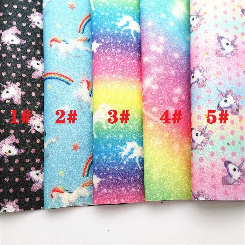 Unicorn Rainbow Printed Fine Glitter Faux Vinyl Leather Fabric Knited Backing Leather For Bow DIY 21X29CM FZ221