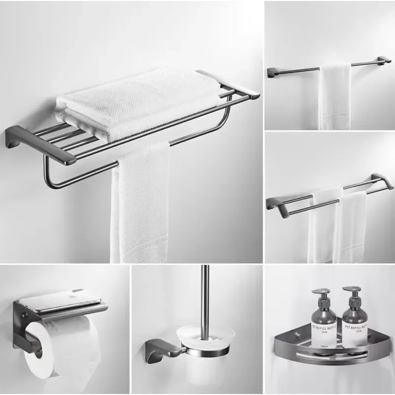 SUS304 Stainless Steel Bathroom Accessories Set, Modern Gunmetal Grey 6-Piece Wall Mounted Bathroom Hardware Set