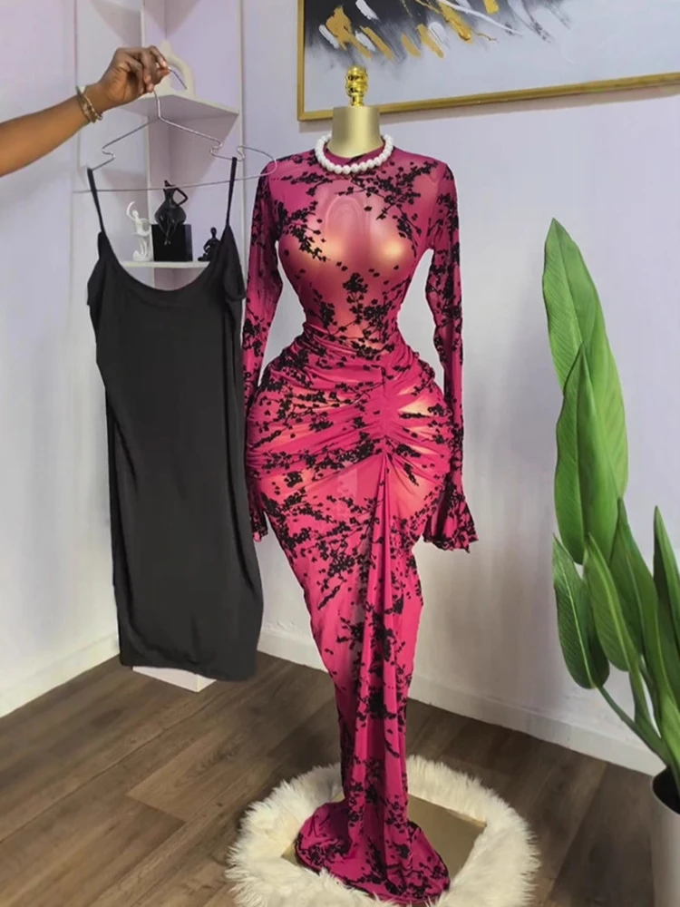 Sexy Kleid Zweiteiliges Set Damen Langarm Gestapeltes Mesh Blumen-Plissee Maxikleid mit Trägerkleid für Party Geburtstag Outfits