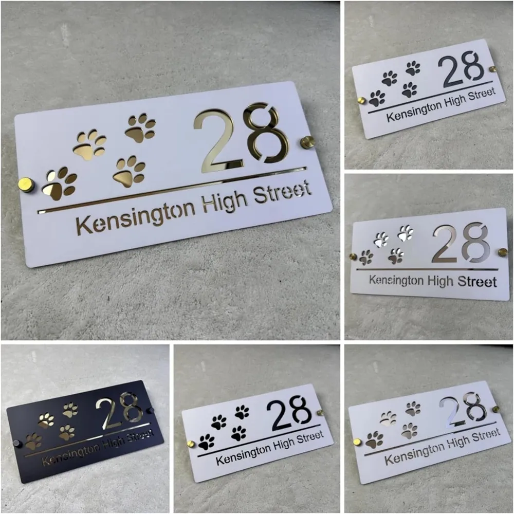 

Laser Cutting House Signs Arcylic Plaque with Mirror Effect Backing Panel Customized Cute dog PAWS Door Number Signs