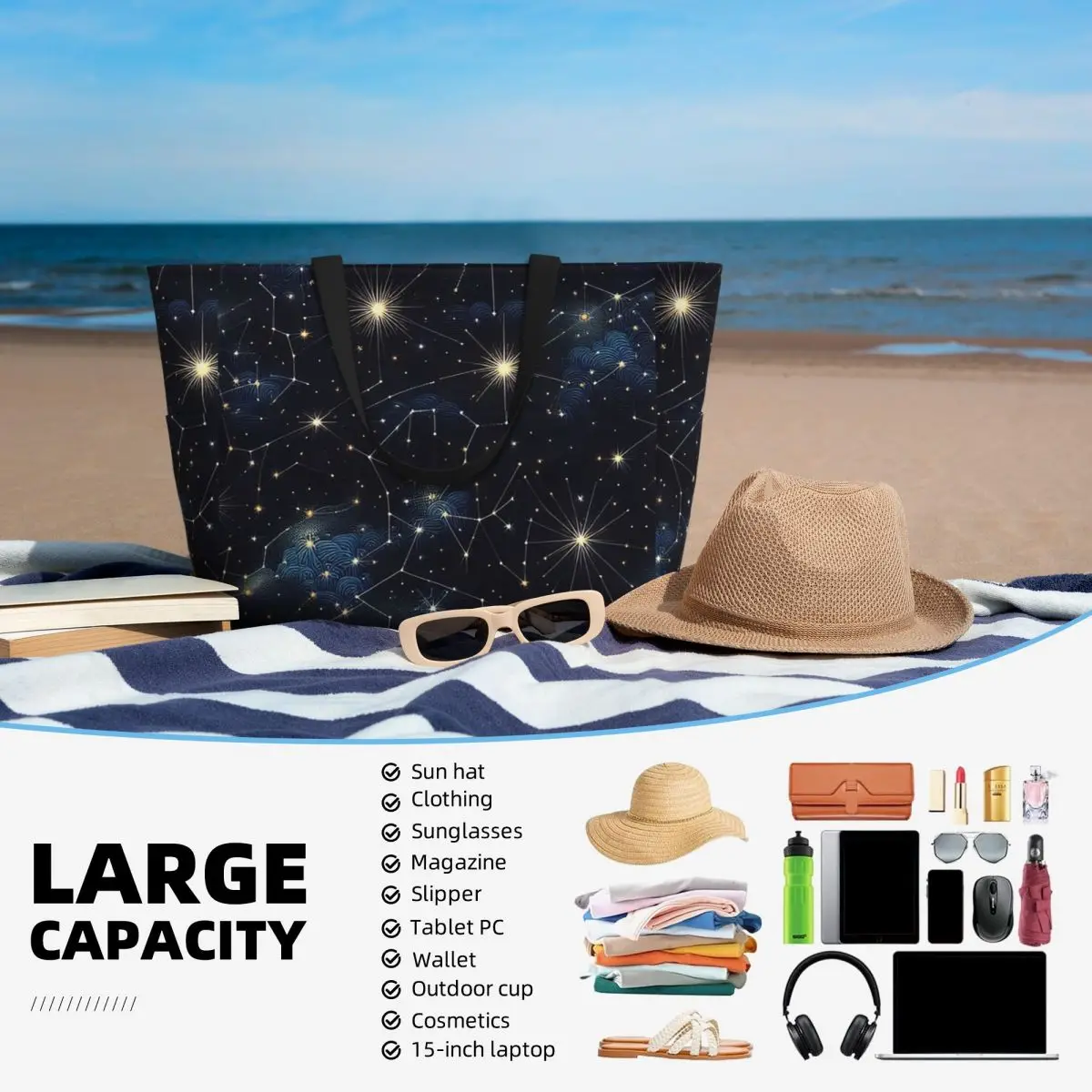 Night Sky Golden Celestial Stars Zodiac Constellations Beach Tote Bag Sport Gym Yoga Large Tote Bag Women Travel Bag Fitness bag