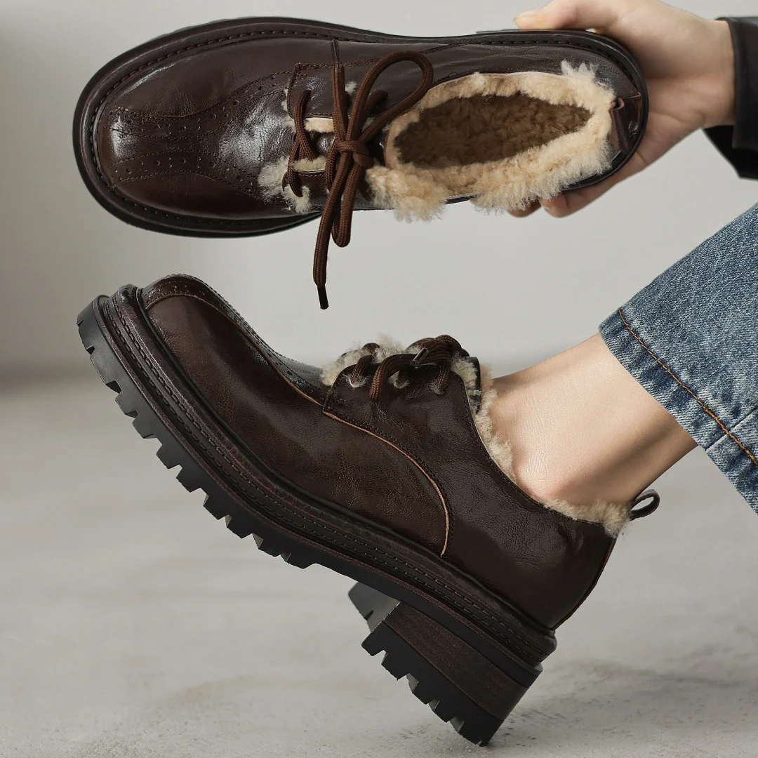 

Women's sheepskin round toe lace-up wool inside winter warm oxfords 6cm chunky heel platform casual female carving British shoes