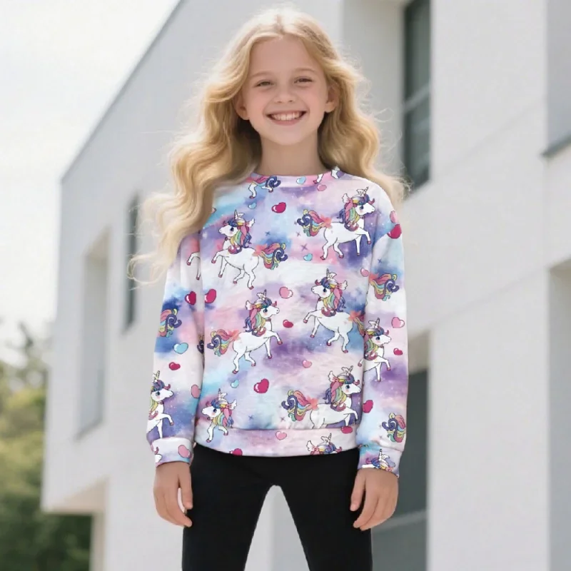

2025 Cute Unicorn Print Girls' Sweatshirt - Rainbow Heart Long Sleeve Pullover Top for Kids Fashion