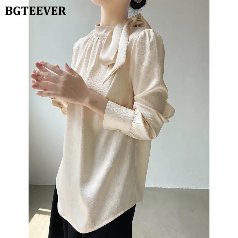 BGTEEVER Stylish Bow Neck Ladies Satin Blouses Autumn Elegant Loose Female Pullovers Tops Long Sleeve Women Shirts