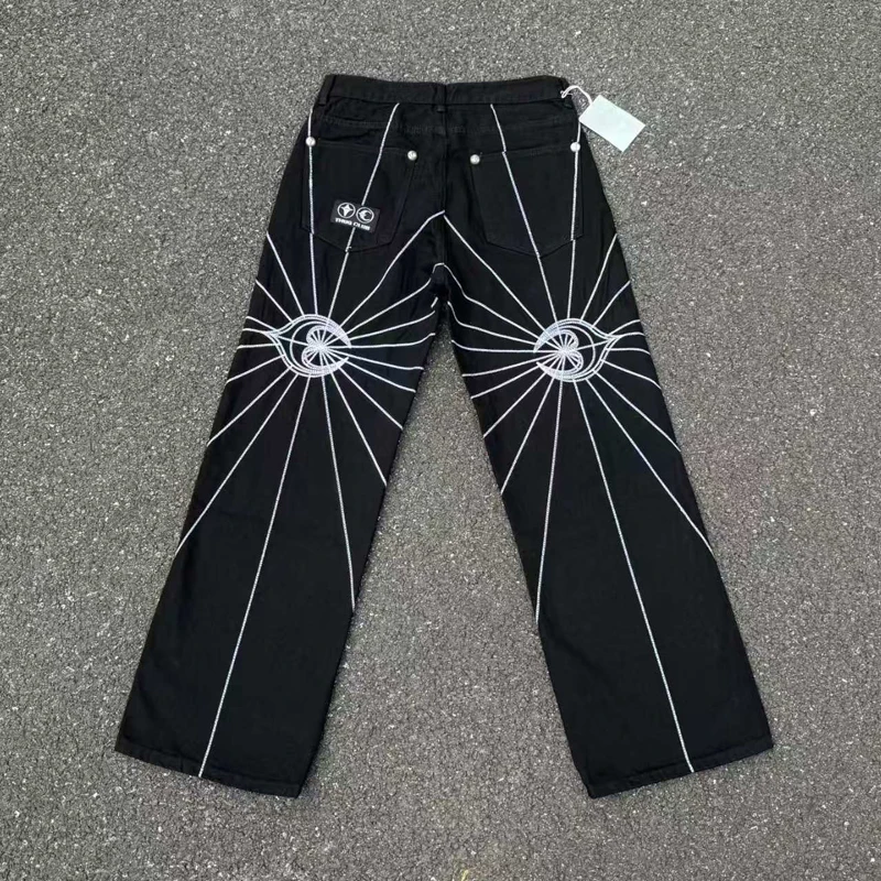 التطريز شبكة العنكبوت نمط الأسود البلطجة نادي الجينز الرجال النساء جودة عالية مستقيم فضفاض صالح واسعة الساق الدنيم السراويل داخل العلامة #2