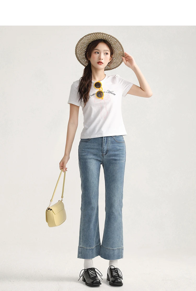 Retro Washed Blue Denim Shirt Oversized Long Sleeve Jacket Top Classic Letter Print Short Sleeve T Shirt Casual Two Piece Outfit