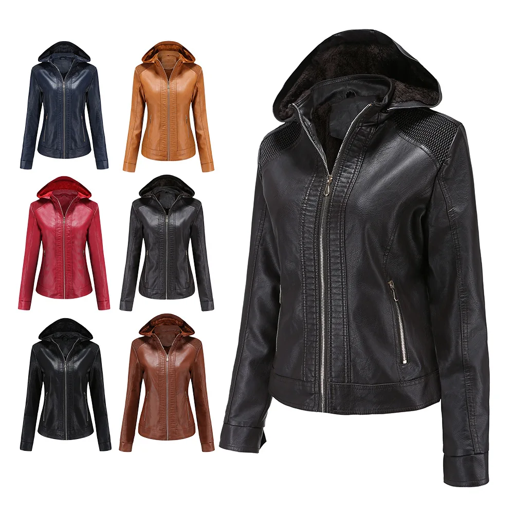 Nice Pop European and American autumn and winter women\'s clothes detachable hooded leather clothes women\'s Plush warm jacket