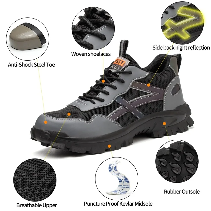 Chaussures à bout en acier pour hommes avec bout composite, chaussures de travail confortables et respirantes, chaussures de sécurité résistantes aux coups de couteau et à la pression