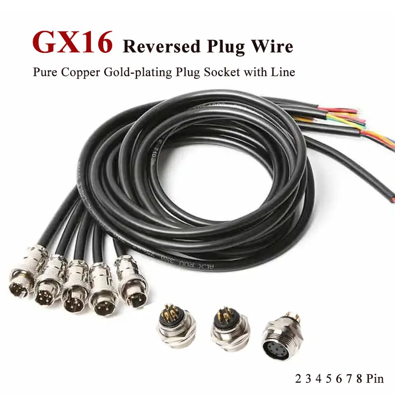 Gold-plated GX16 Pin AB Reversed 2 3 4 5 6 7 8 Pin Connector Cable Pure Copper 6MF GX16F Aviation Plug Socket with Wire 0.3-3M