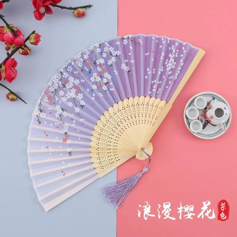 Chinese Style Silk Folding Hand Fan, Sakura Ink Painting Bamboo Fan with Tassel for Ladies Dance Performance Gift