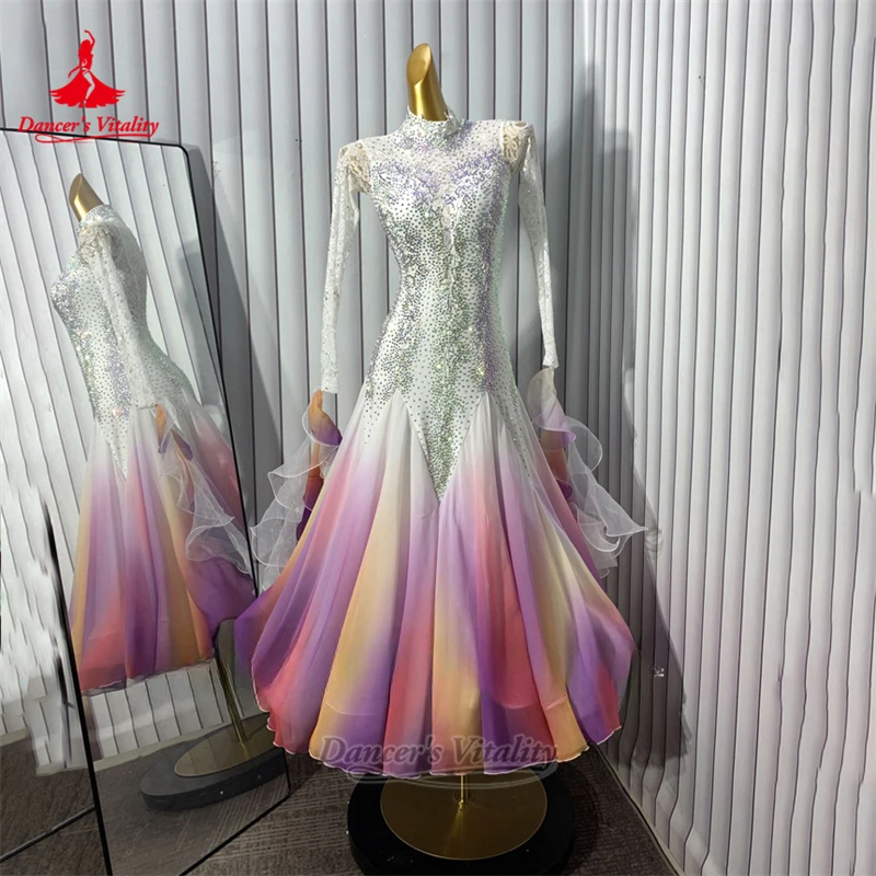 社交ダンス グラデーションカラー ハイネック 長袖 ビッグスイングドレス カスタマイズされた大人のワルツ フォックストロット衣装 ダンサーの活力