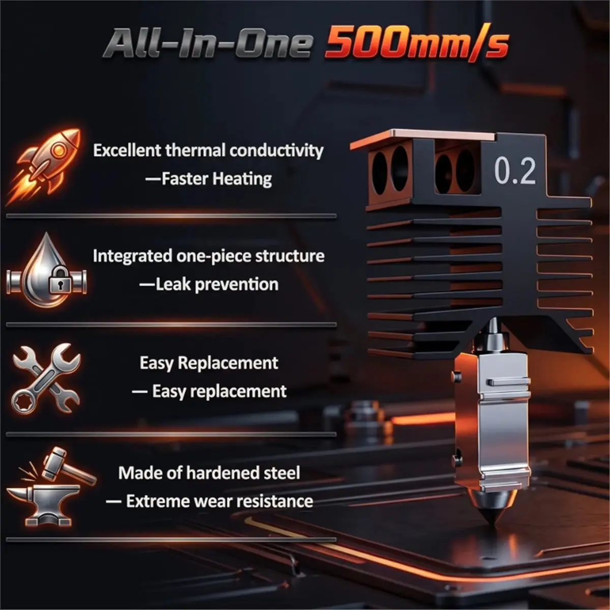 For U1 Full Assembled Hotend Kit Integrated Hardened Steel 0.2mm Nozzle 3D Printer HotEnd Accessories