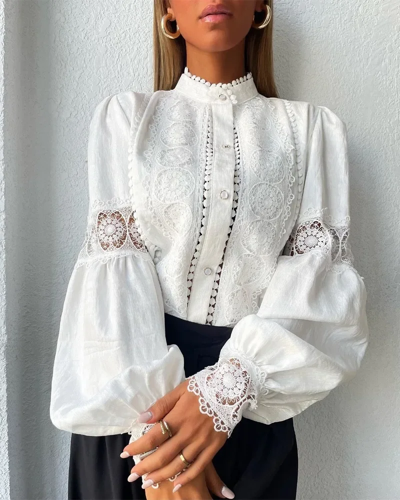 Spring Autumn White Lace Blouses Women Elegant Solid Tops Casual Button Hollow Lantern Sleeves Blouse Top Lady Office Shirts