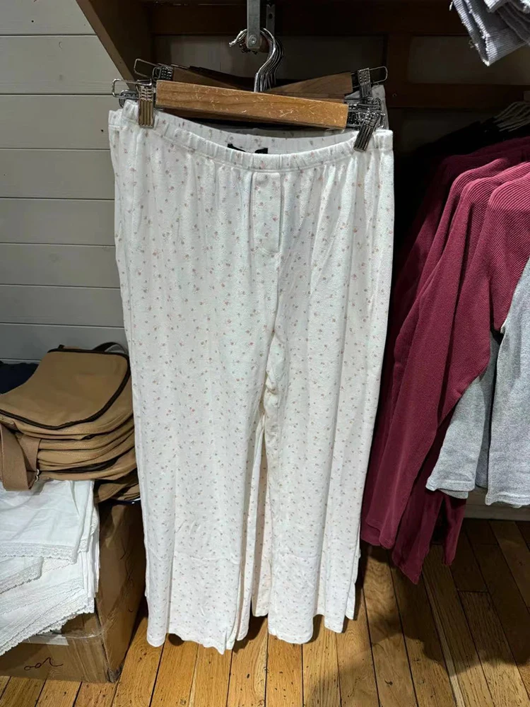 Floral Eyelet Sweet Straight Pants Women Summer Elastic High Waist Casual Wide Leg Trousers Vintage Cotton Home Pajama Pant Y2k