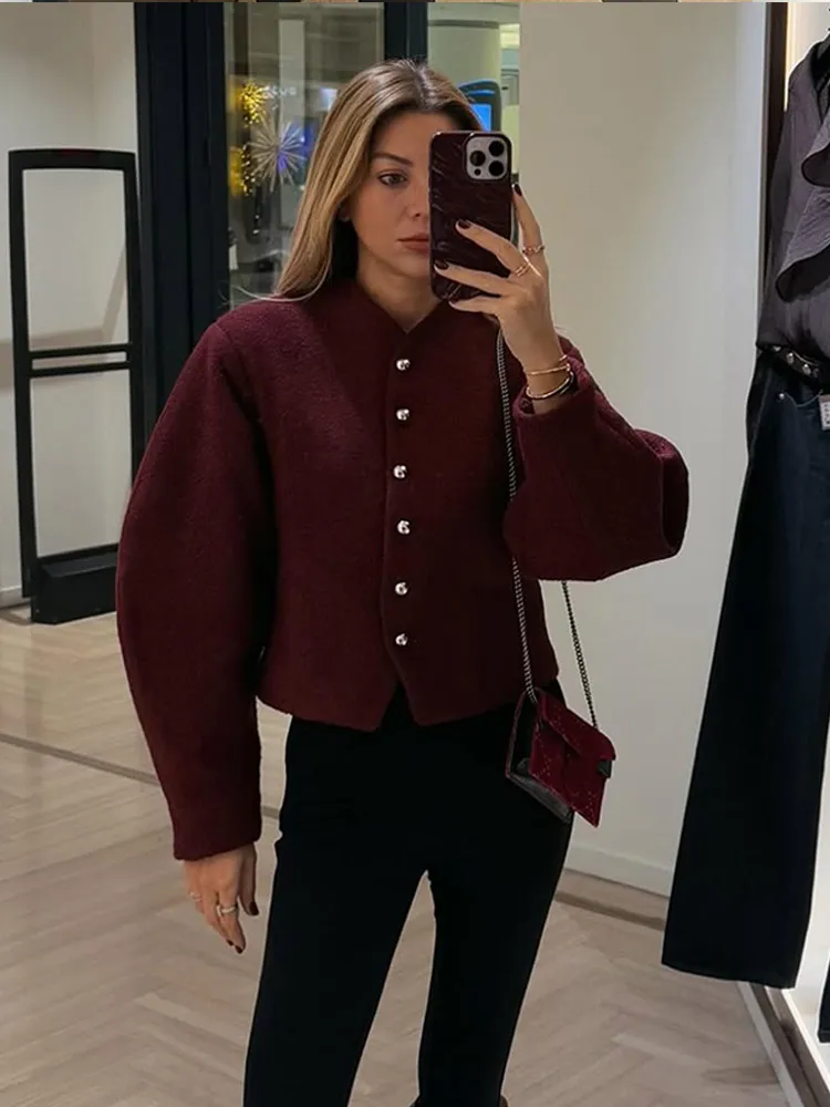 Elegant Burgundy Fitted Waist Short Jacket For Women Chic Long Balloon Sleeve Metal Button Coat 2025 Spring Lady High Streetwear