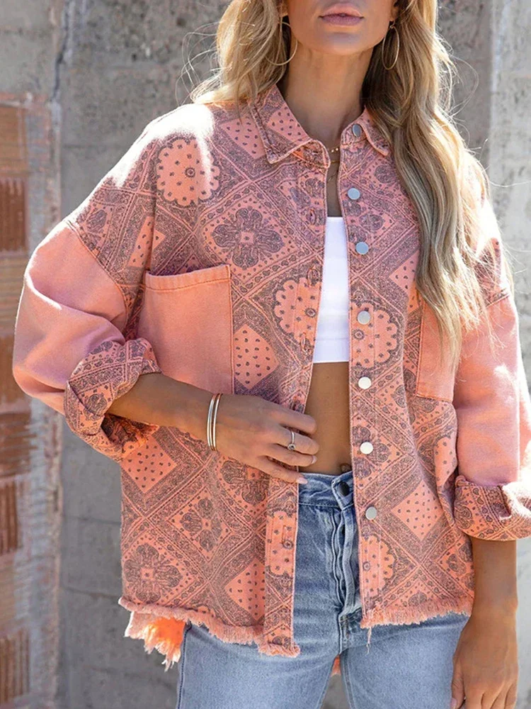

Fashion Pink Print Lapel Shirt Top Jacket 2024 Women Casual Loose Denim Jacket Long Sleeve Female Outerwear Tops