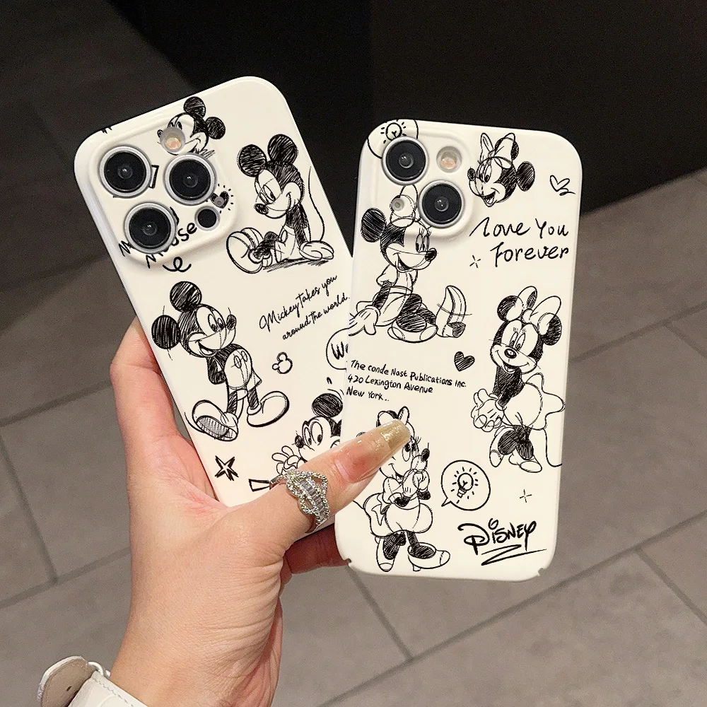 Cute Lines Mickey Minnie Phone Case for IPhone 16 15 14 13 12 11 Pro Max XS  XSMax Plus Lens Protection Glossy HD Hard PC Cover