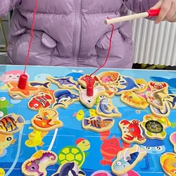 Juego de Fshing magnético de madera para niños, juguetes de caña de pescar cognitiva de vida marina de dibujos animados, rompecabezas educativo interactivo para padres e hijos