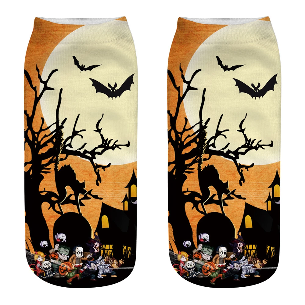 Funny 3D Printing Halloween Socks Unisex Cute Happy Cosplay Party Club Sokken Gifts Gothic Pumpkin Lantern Ghost Broom Black Cat