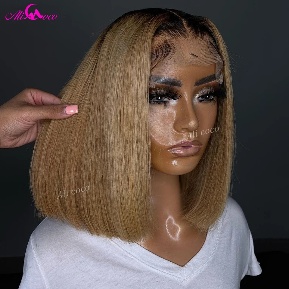 

Honey Blonde With Black Roots Straight Short Bob Wig Brazilian Human Hair Wigs 13x4 Transparent Lace Frontal Wig For Black Women