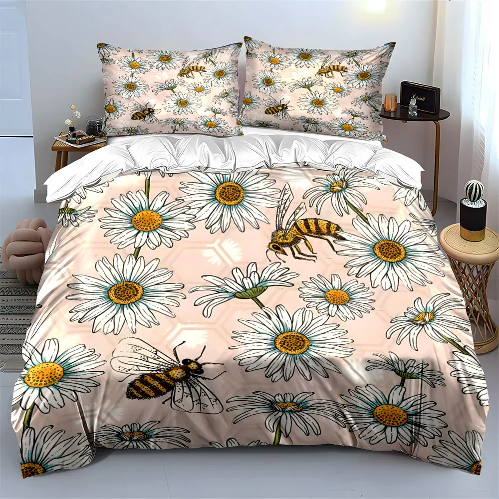 Elegant pattern of bees and daisies Duvet Cover Set Digital Print Colorful Polyester Bedding with Zipper Closur for kids gifts 3