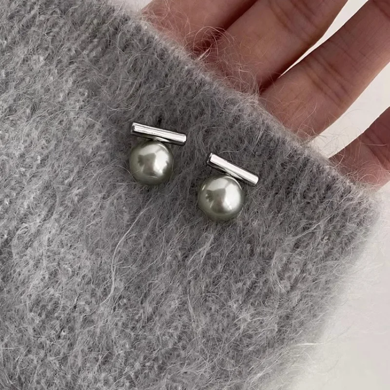 New 925 Sterling Silver Stud Earrings Grey Pearl Golden Geometric Punk For Women Girl Gift Jewelry Dropshipping Wholesale