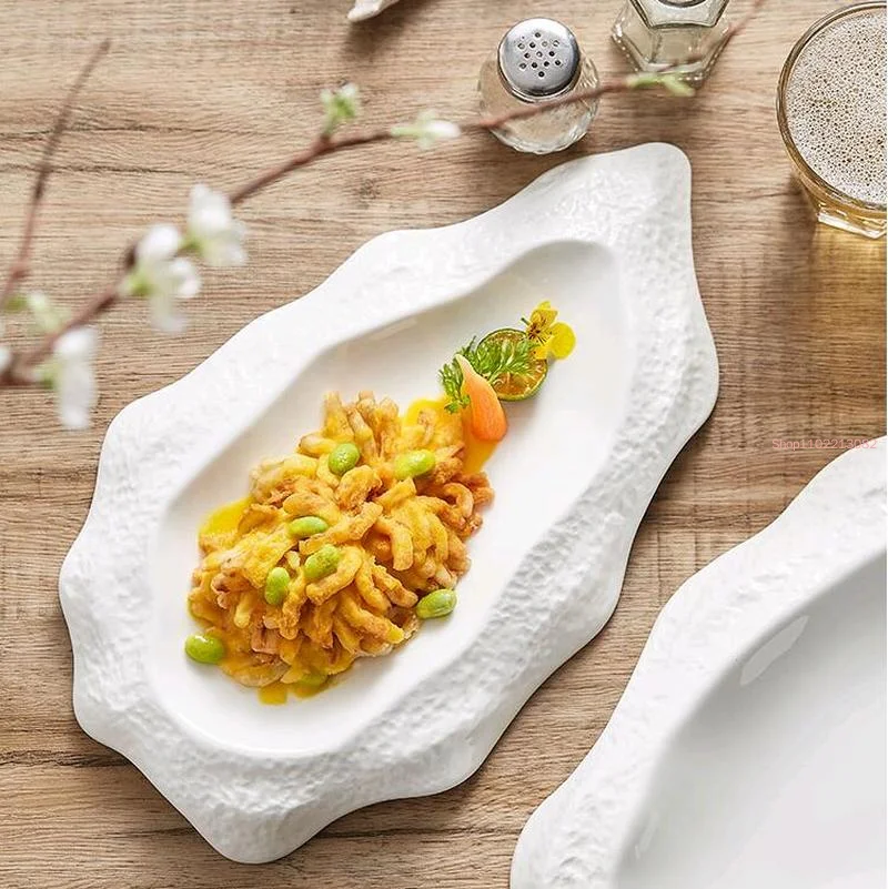 White Imitation Oyster Ceramic Pasta Plate Irregular Household Western Dinner Tableware Kitchen Decoration