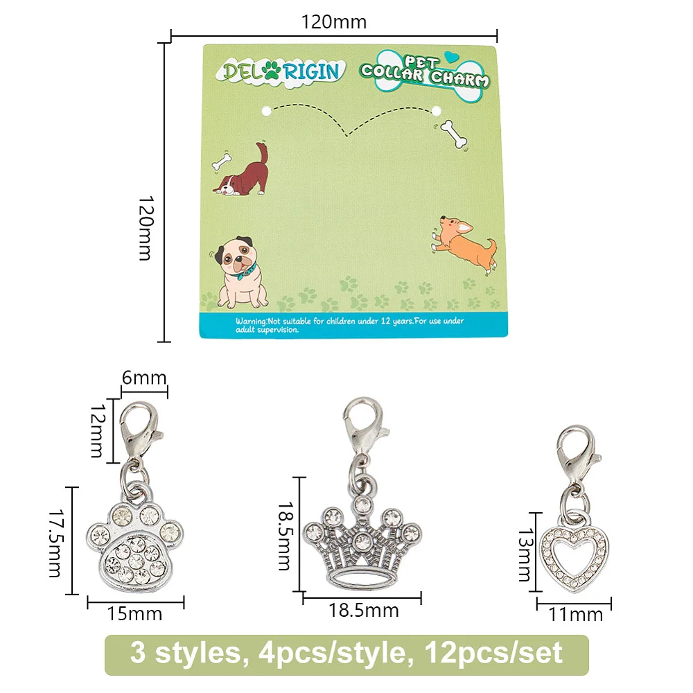 

12Pcs 3 Styles Heart/Crown/Paw Print Alloy Pet Pendant Decorations with Alloy Lobster Claw Clasps Platinum 26~31mm 4pcs/style
