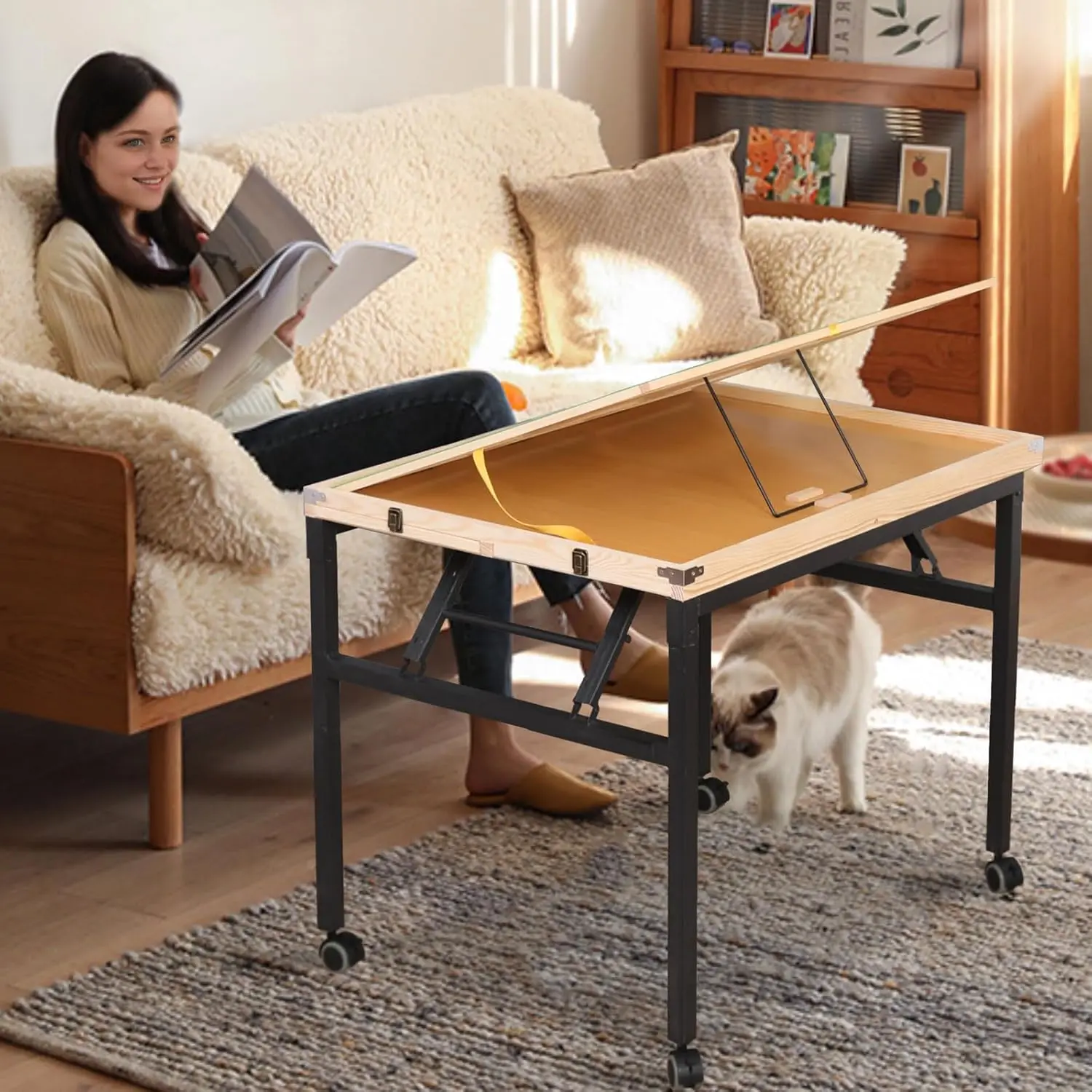 Mesa de quebra-cabeça ajustável de 3 ângulos de 1500 peças com gavetas, pernas e capa de metal dobráveis portáteis, sobre rodas para adultos