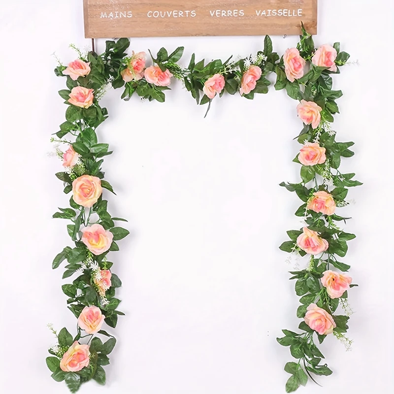 1 Stück Seidenrosen-Kunstblumengirlande Hängende Blumenranke Blättergirlande für Außenbereich Hochzeit Party Büro Braut Heim Tischdekoration – Detail 1