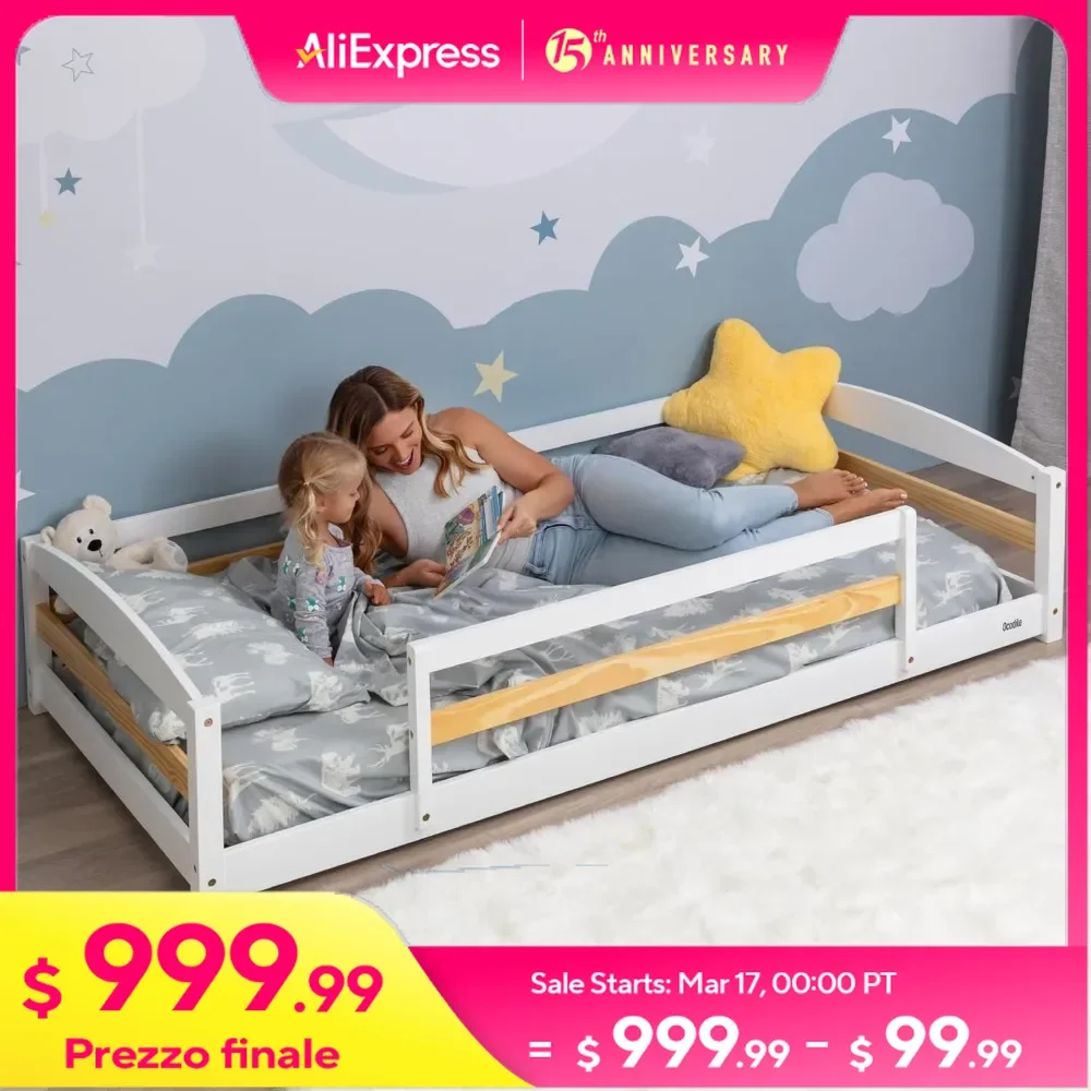 Twin Floor Bed with Safety Guardrails for Kids, Montessori Inspired with Rails and 2 Openings, Twin Size Bed Frame