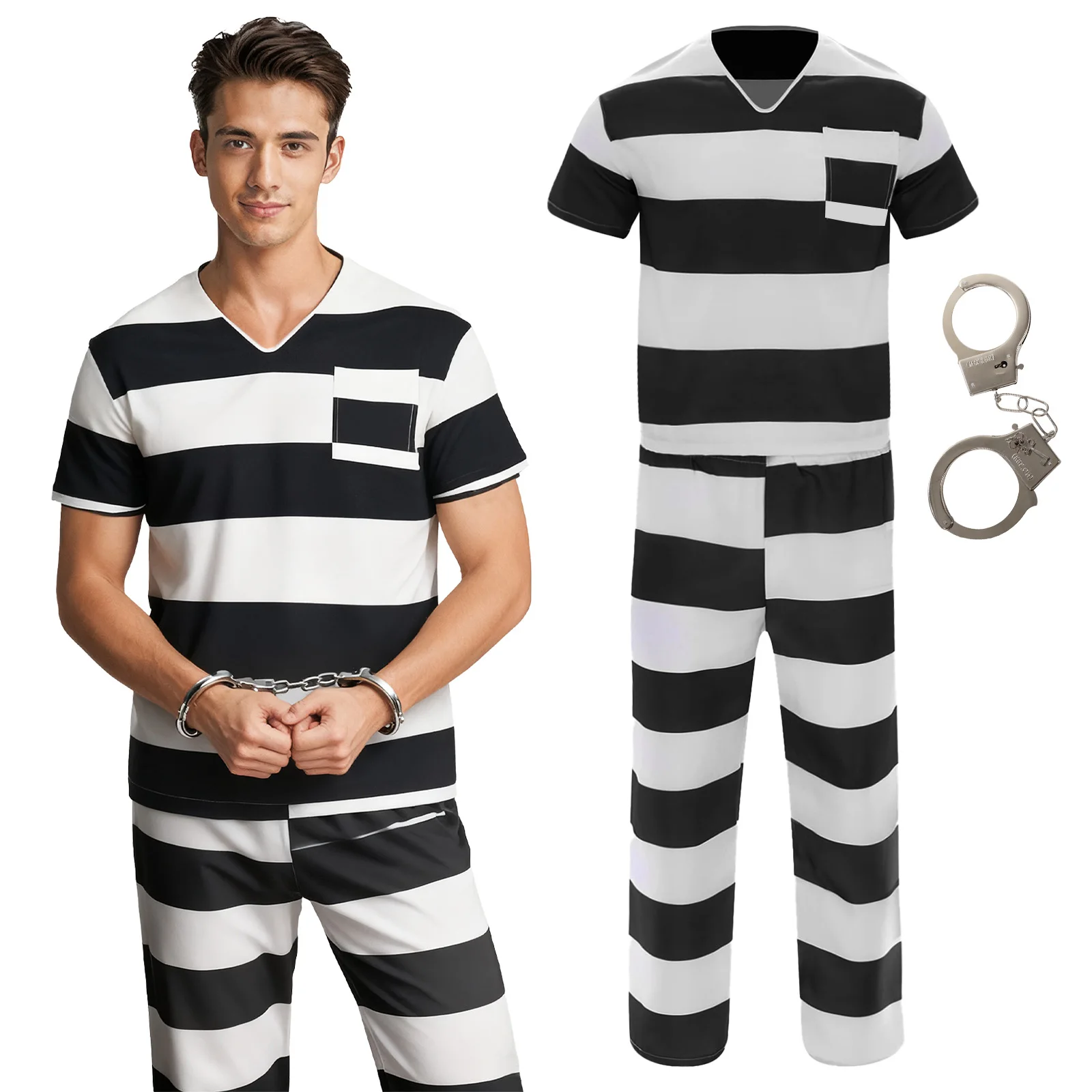 

Mens Womens Prisoner Costume Prison Jumpsuit Striped Adult Inmate Outfit for Cosplay Costume Halloween