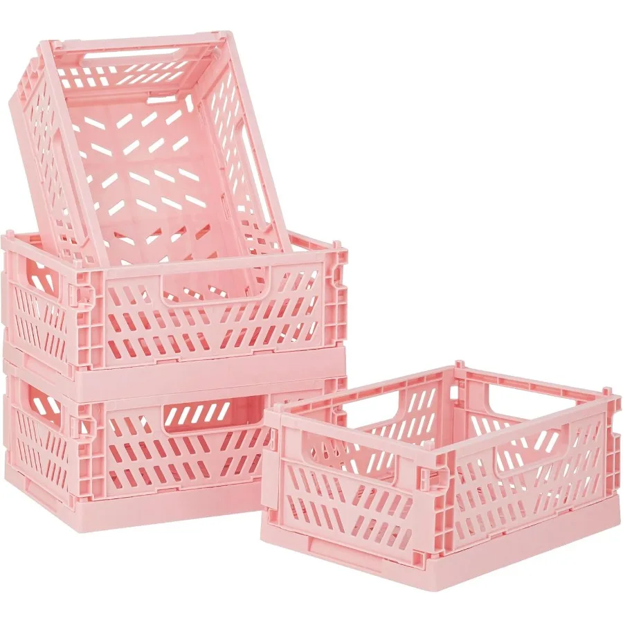 

4Pack Pink Baskets Plastic Storage Crate Small Baskets for Organizing Collapsible Storage Crates for Desk OrganizeStackable Cut