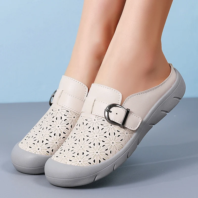 

Полутапочки с закрытым носком, женские сандалии без шнуровки из натуральной кожи, женские летние повседневные туфли на плоской подошве, женские дышащие большие размеры 42 43 44