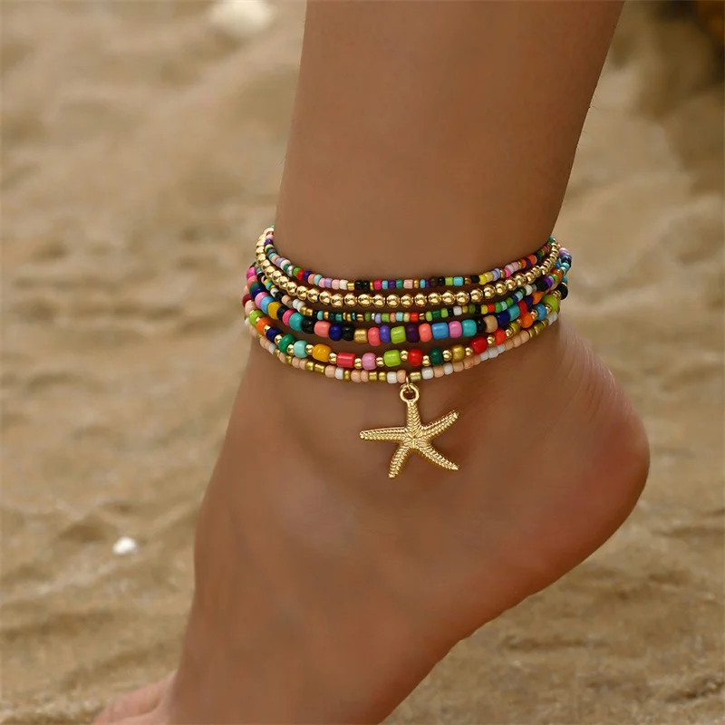 Colorful Starfish Pendant Rice Beads Beaded Anklet for Women Summer Fashion Multi-layer Bracelet Anklet Bohemian Leg Jewelry