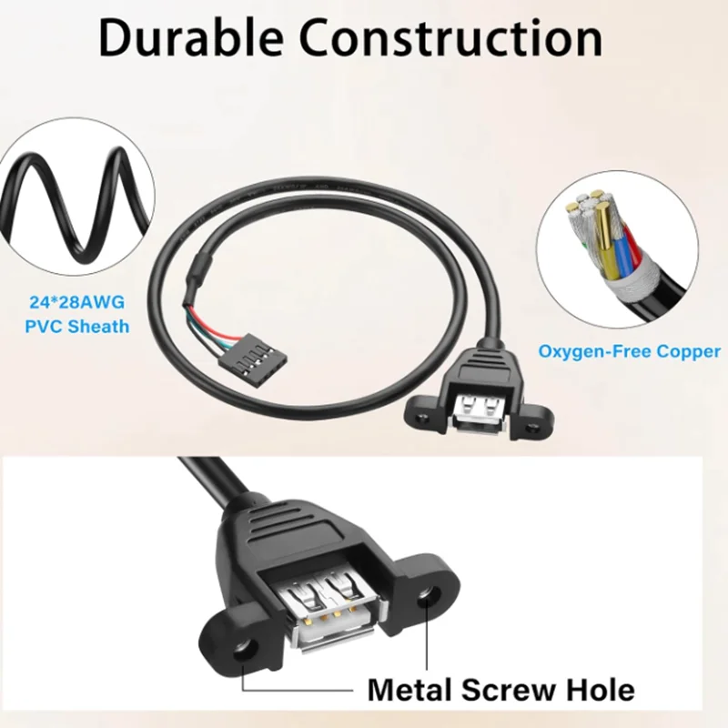 1.5m Du-pont 2.54mm 5-Pin Female to USB 2.0 A Female Cable,24 * 28AWG USB A with Screw Panel to 5Pin Panel Header Extension Cord