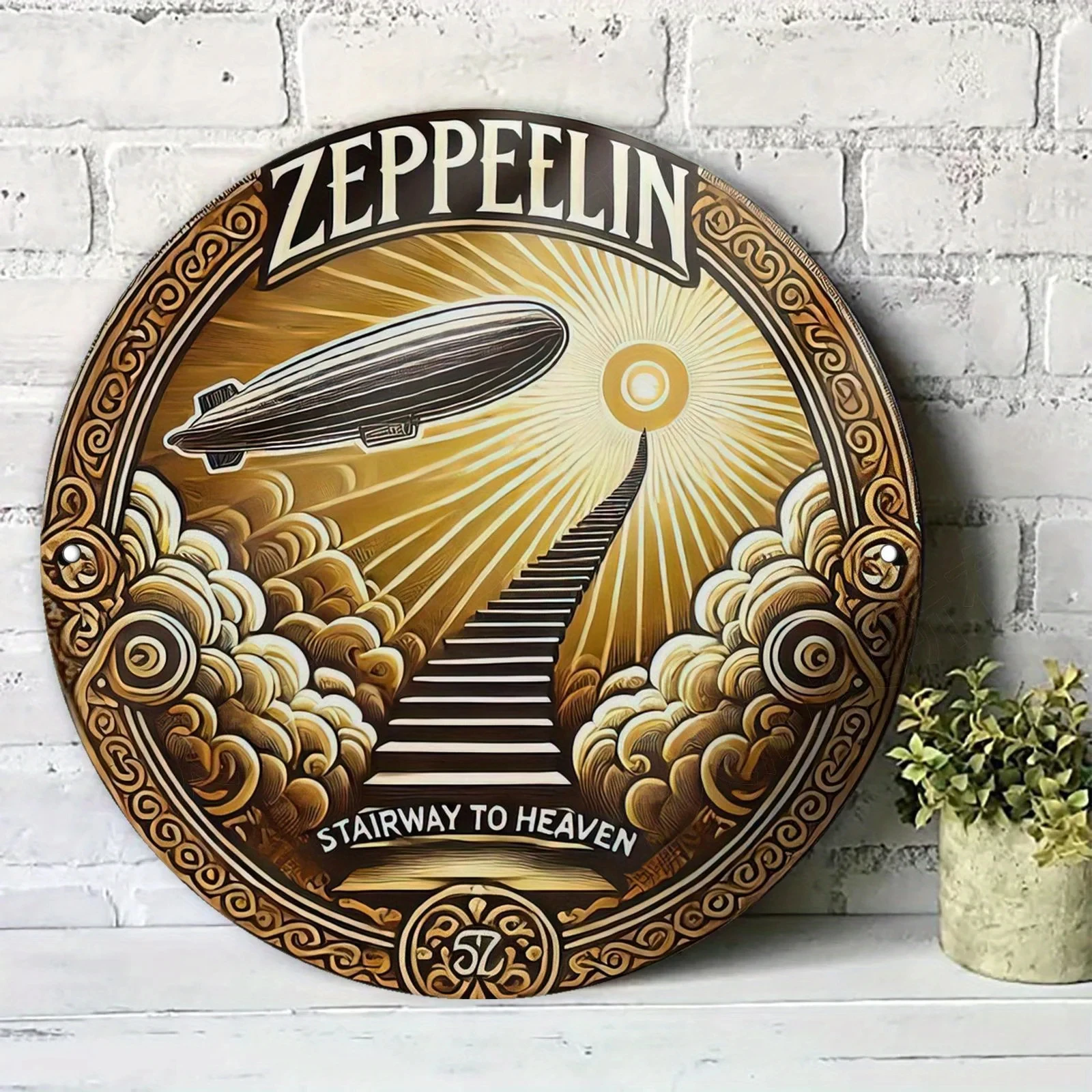 2D Flat, 2D Flat Circular Metal Sign with Zeppelin Paradise Ladder Pattern, Suitable for Living Room, Bedroom, Cafe, Bar, Garage, H